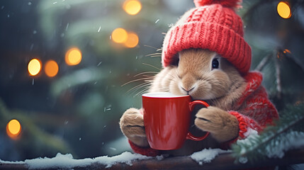 A cheerful cute rabbit in a knitted hat drinks cocoa from a cup against the background of a winter forest with fir trees, snow and colorful lights. Postcard for the New Year holidays.