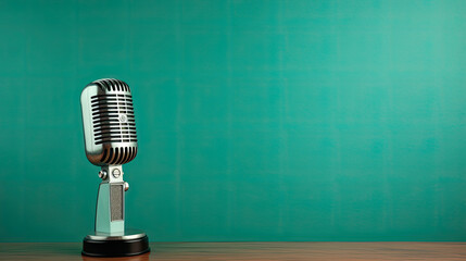 retro microphone with a turquoise wall background - obrazy, fototapety, plakaty