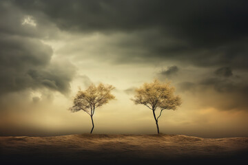 two trees with a dark cloudy sky, generative ai 
