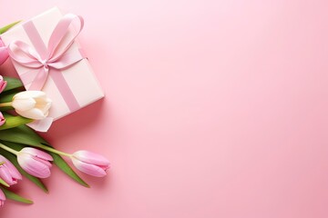 Fototapeta na wymiar Pink gift box with ribbon bow and bouquet of tulips on isolated pastel pink background.