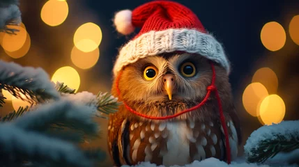 Foto op Plexiglas A cheerful cute owl in a knitted hat against the background of a winter forest with fir trees, snow and colorful lights. Postcard for the New Year holidays. © Evgeniya Uvarova