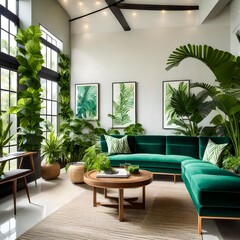 living space adorned with lush green houseplants and inviting sofas.