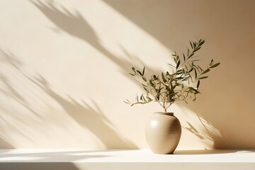 Modern summer minimal of olive tree on table in sunlight with long shadows on beige wall background, generative ai