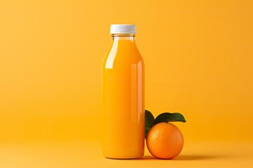 Orange Juice bottle on orange background.