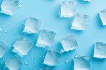 Obraz premium Cubes of ice and drops are isolated on the blue background with empty space.