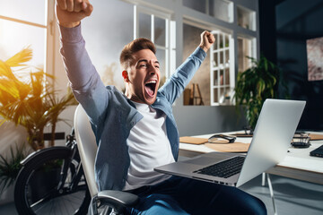 Excited happy young man in wheelchair, rejoicing over victory, new opportunity, getting good test results on laptop - obrazy, fototapety, plakaty