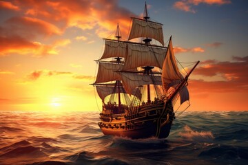 Obraz premium Pirate ship sailing on the ocean at sunset. Vintage cruise.