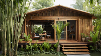 A small one-story house amidst a bamboo garden. Made from local materials Combined with exterior...