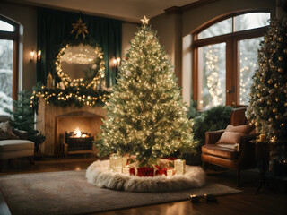 A majestic evergreen adorned with sparkling lights, shimmering ornaments, and delicate tinsel, standing tall in a cozy living room