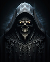 dark skull wore a black hood, fantasy,  generative ai 