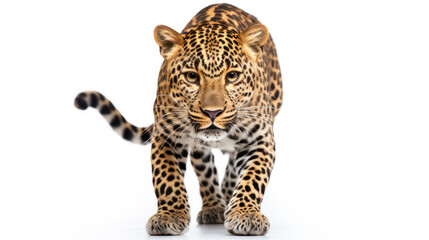 Leopard looking at camera isolated on white  background and copy space