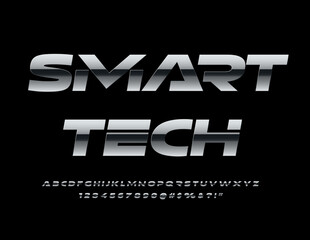 Vector metallic logo Smart Tech. Futuristic Silver Font. Reflective Steel Alphabet Letters and Numbers set
