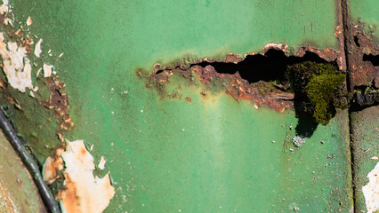 loch schaden oldtimer rost metall lack ab alt rostig braun grün moos hintergrund - obrazy, fototapety, plakaty