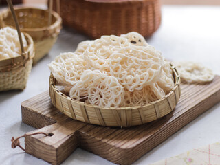Kerupuk Kembang Mawar Mentah or Raw Rose Crackers, Indonesian Traditional Cracker Made from Strach, Main Ingredients Making Seblak Viral