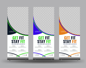 Vector fitness creative gym roll up banner template
