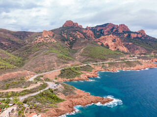 Aerial view of Rocher Saint-Barthélémy at French Riviera. In the photo can be seen the beautiful Rocher Saint-Barthélémy and the coast, shoot from a drone at a higher altitude.