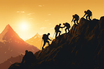 Silhouettes of people climbing the mountain and helping each other,ai generated
