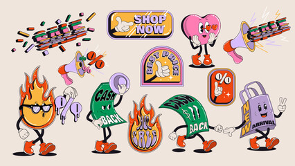 Retro vintage styled shopping stickers or icons collection for a store sale, black friday, online promotion or social media posts. Vector illustration