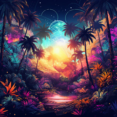 technological tropical background, nature, psychedelic, parallel world, abstract reality, parallel universe, psychedelic hallucination, electronic vibration, generative AI