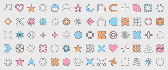 Set of outline abstract geometric shapes and forms. Brutal contemporary figures, stars, flowers and other primitive elements. Trendy vector Y2K signs and symbols big set in color and outline.