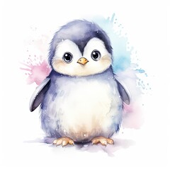 Watercolor fantasy Baby Penguin clip art isolated white background.