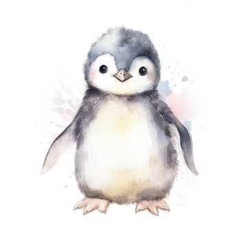 Watercolor fantasy Baby Penguin clip art isolated white background.