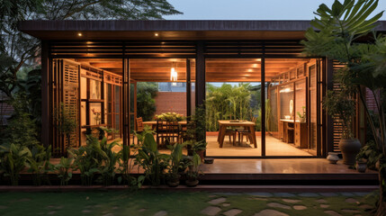 A small one-story house amidst a bamboo garden. Made from local materials Combined with exterior decorative glass Located in the northeastern region of Thailand.