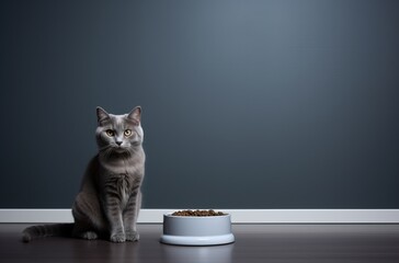 Luxury cat sitting near food bowl in stylish gray room