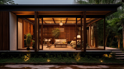 A small one-story house amidst a bamboo garden. Made from local materials Combined with exterior decorative glass Located in the northeastern region of Thailand. - Powered by Adobe
