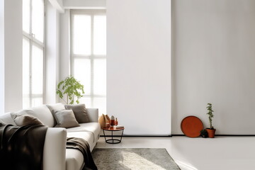 Livingroom interior wall mock up with white fabric sofa and pillows on white background with free space