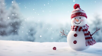Happy snowman in the winter scenery.
