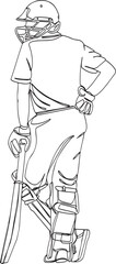 Cricket Batsman Pose for Advertisement: Back View Cartoon Illustration in Dynamic Silhouette, Advertisement Pose of Cricket Batsman: Vector Graphic Back View Illustration in Outline Style