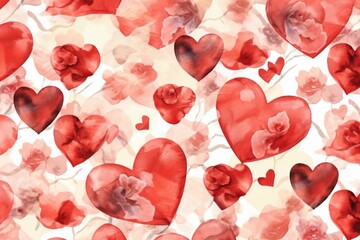 Seamless pattern with watercolor rose hearts in red, perfect for Valentine's Day. Suitable for textile, decoration, and packaging design. Generative AI