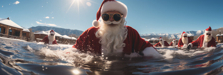 Santa Clause Club swimming in a ski resort pool in their suits - GoPro view - action shot - celebrate vacation after Christmas - getaway - holiday - low angle shot - winter  - obrazy, fototapety, plakaty