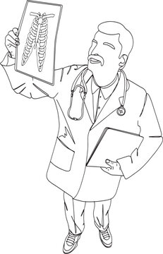 Cartoon Drawing of Doctor's X-ray Examination: Analyzing Lung X-ray Film and Rib Skeleton, X-ray Examination in Focus: Male Doctor Observing Lung X-ray Film in Flat Design Illustration, Radiology Anal