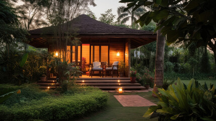 Fototapeta premium A small one-story house amidst a bamboo garden. Made from local materials Combined with exterior decorative glass Located in the northeastern region of Thailand.