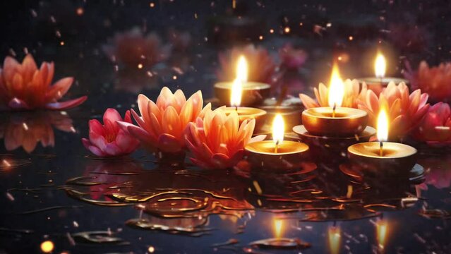 Realistic diwali lamps on a reflective base, Diya oil lamp and flowers on red background, footage video background