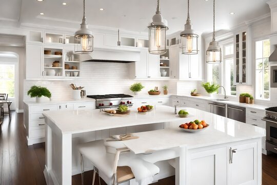 : Bright white kitchen with subway tile backsplash, quartz countertops, and pendant lights.