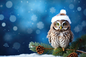 Christmas card with an owl wearing a Santa hat with copy space for your text