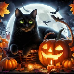 a black cat on a Halloween night. IA Generativa