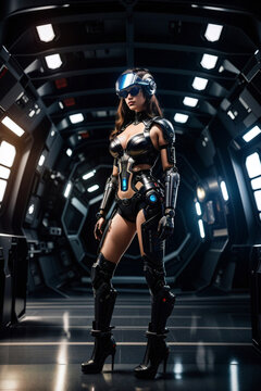 cyborg woman in the space base, control room, science fiction scenery, generative ai illustration