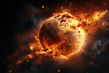 Burning planet after being hit by asteroid. Ai generative