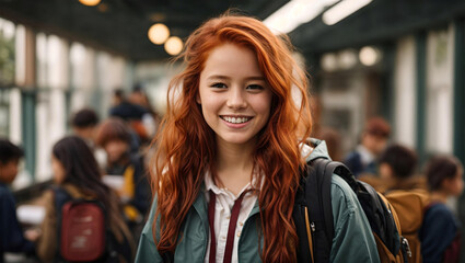 girl with red hair happy on her return to school