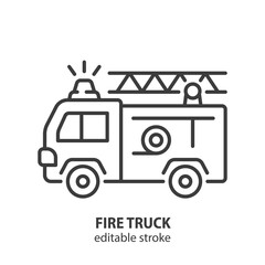Fire truck line icon. Fire engine outline symbol. Firefighting transport. Vector illustration. Editable stroke.