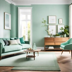  room with a refreshing ambiance. The walls are painted a soothing mint green