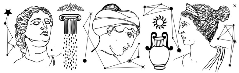 Ilustración de torsos de estatuas de la grecia clasica, Afrodita, Venus de Milo, Atenea. Ilustraciones hechas con pincel de forma manual.