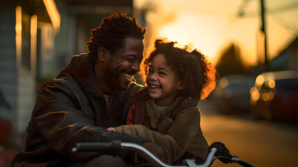 Obraz premium father with his daughter happy, girl learning to ride a bicycle