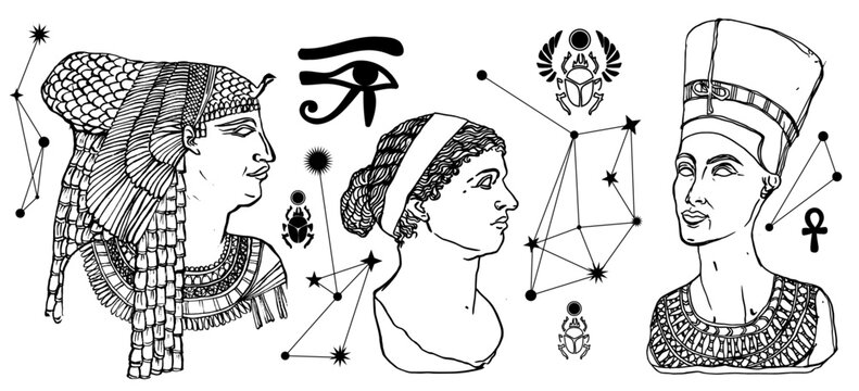 Ilustraci&oacute;n de torsos de estatuas de Egipto, Nefertiti, Cleopatra. Ilustraciones hechas con pincel de forma manual, gestual