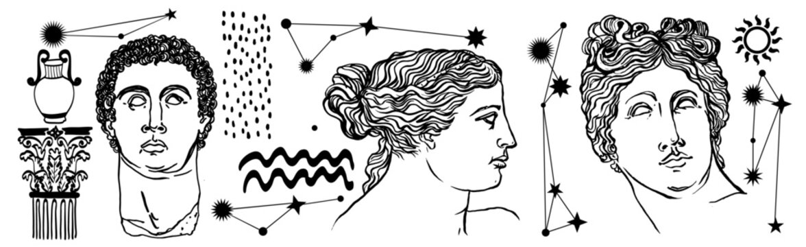 Ilustraci&oacute;n de torsos de estatuas de la grecia clasica. Ilustraciones hechas con pincel de forma manual y gestual