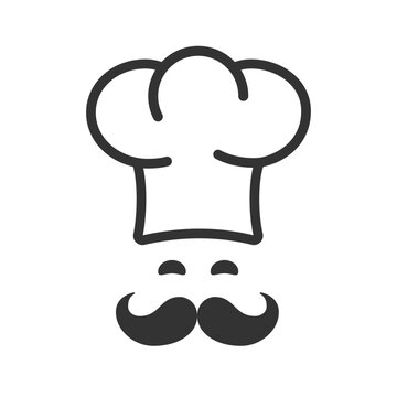 Smiling chief with moustache in uniform. Cooking at kitchen symbol. Catering, restaurant logo, tasty food. Outline, flat and colored style icon for web design. Vector illustration.